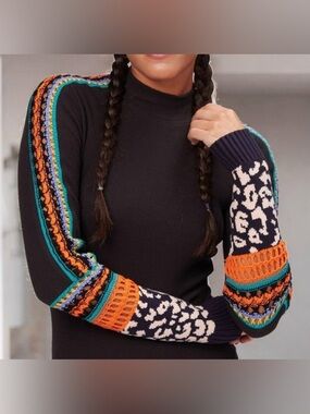 Free People Switch It Up thermal top S black charcoal crochet sleeves